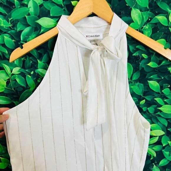 Calvin Klein Metallic Stripe Tie-Neck Halter Top White Size Small - Picture 3 of 11